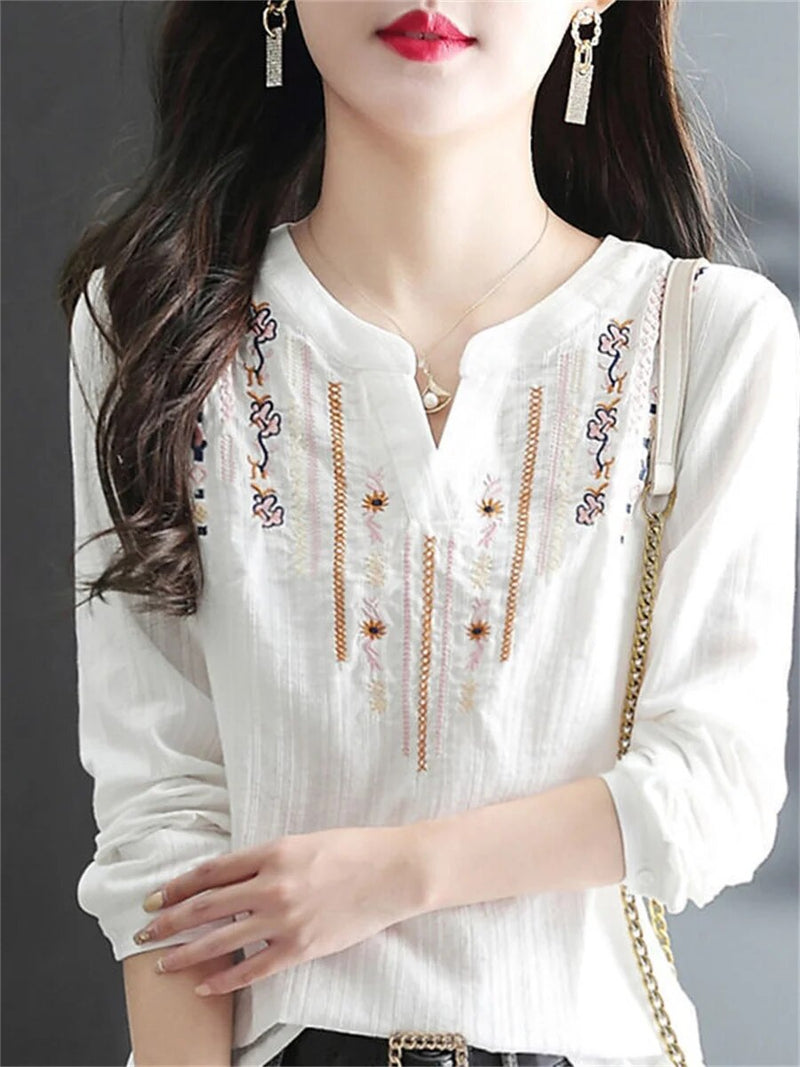 Blouse brodée élégante pour femme - Top léger en coton blanc avec manches longues élégantes pour un look chic lors d'événements décontractés