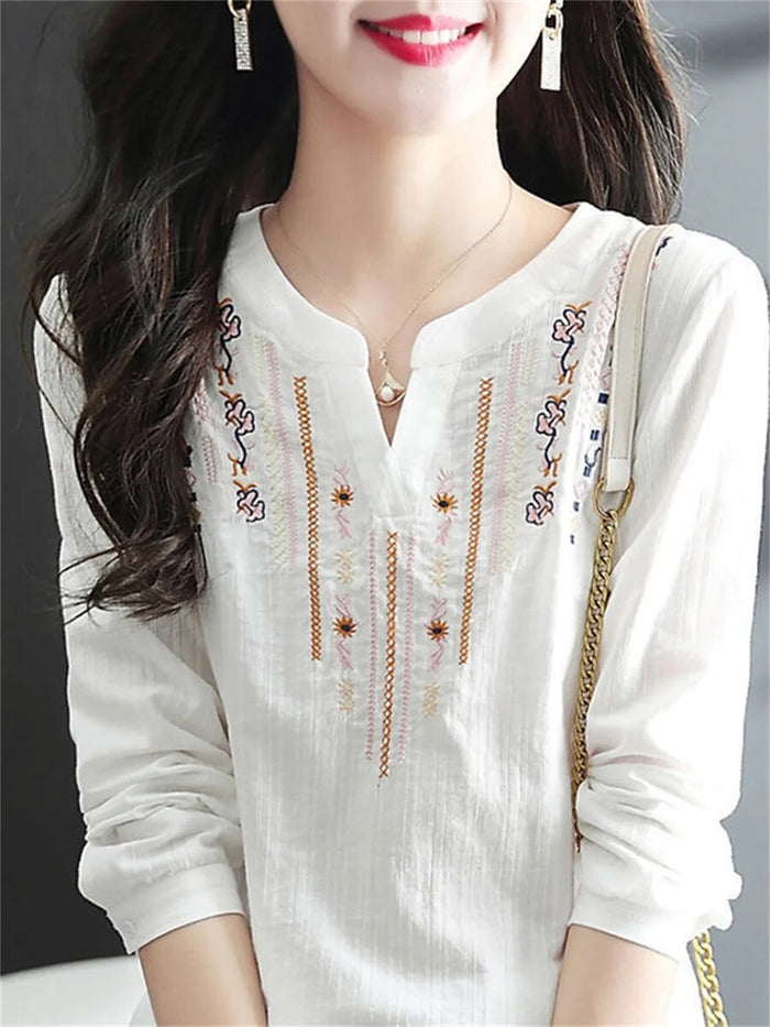 Blouse brodée élégante pour femme - Top léger en coton blanc avec manches longues élégantes pour un look chic lors d'événements décontractés