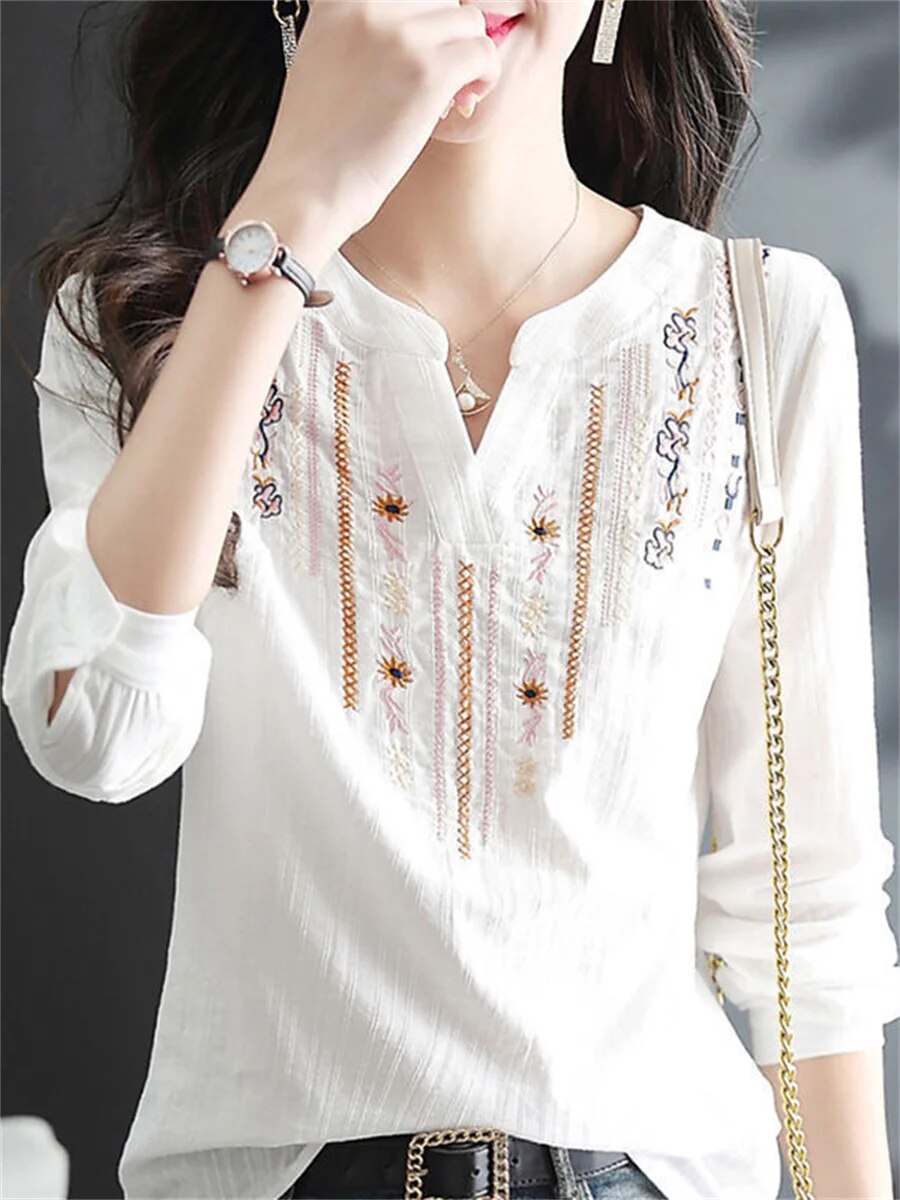 Blouse brodée élégante pour femme - Top léger en coton blanc avec manches longues élégantes pour un look chic lors d'événements décontractés