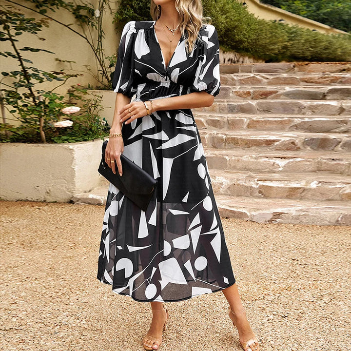 Élégante robe midi à manches bouffantes et décolleté en V - Olivia, un style parfait pour toutes les occasions