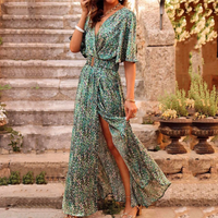 Élégante robe longue bohème à col en V avec fente confortable et ceinture - Dorothy