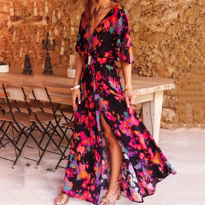 Élégante robe longue bohème à col en V avec fente confortable et ceinture - Dorothy