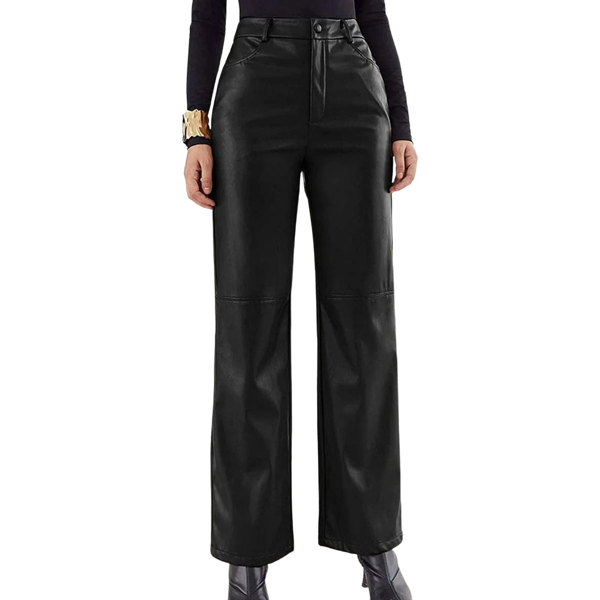 Pantalon taille haute en cuir végétalien pour femme avec des jambes larges élégantes pour un look élégant et décontracté