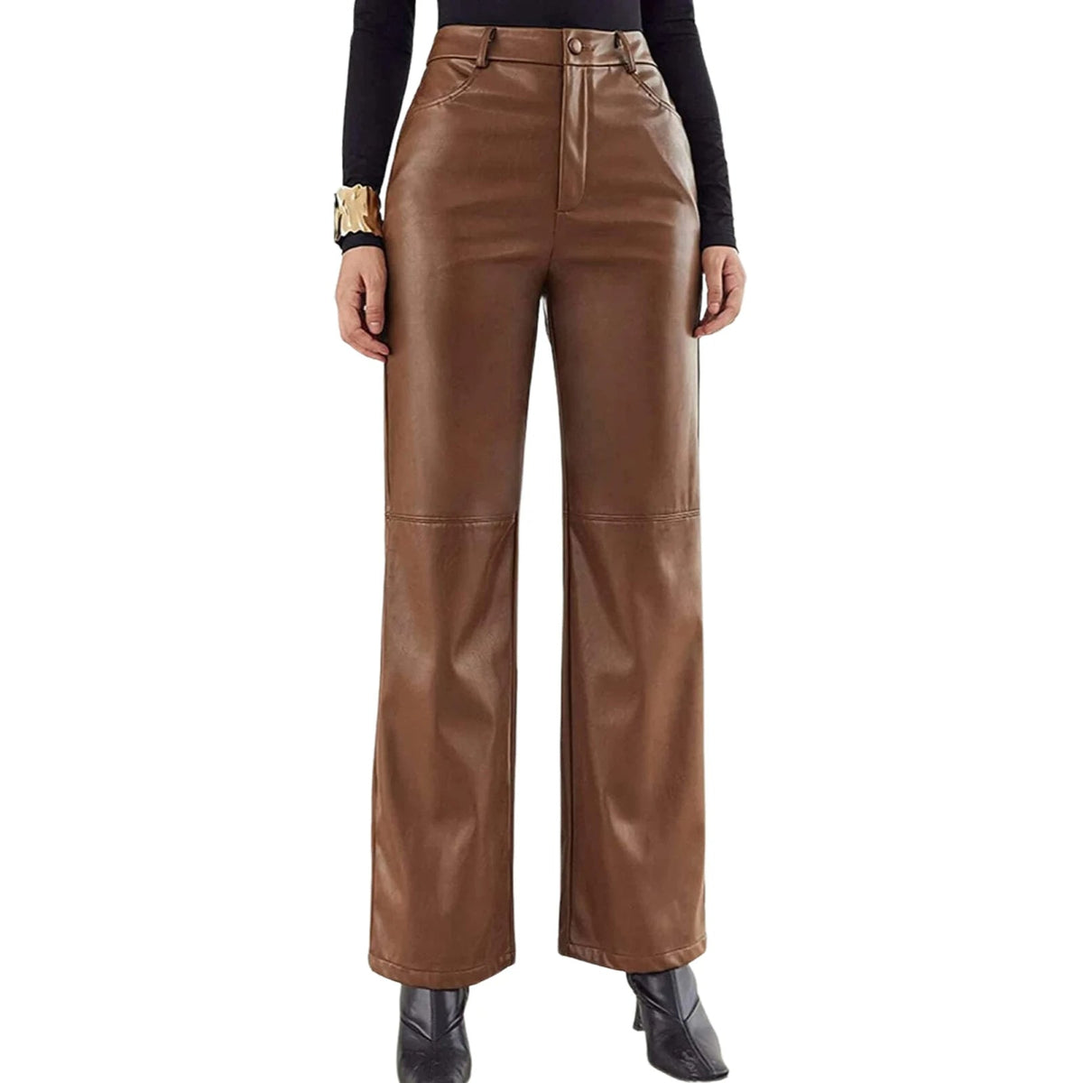 Pantalon taille haute en cuir végétalien pour femme avec des jambes larges élégantes pour un look élégant et décontracté