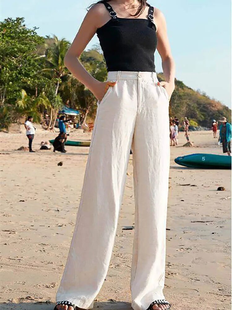 Pantalon large en lin pour femme - vêtements de plage confortables pour un look estival décontracté