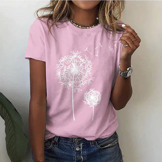 T-shirt élégant pour femmes avec impression délicate de pissenlits - manches courtes décontractées et tendance pour un confort quotidien