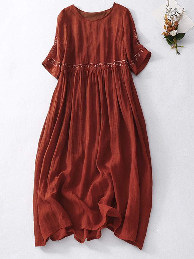 Robe décontractée en coton et lin brodée pour femmes