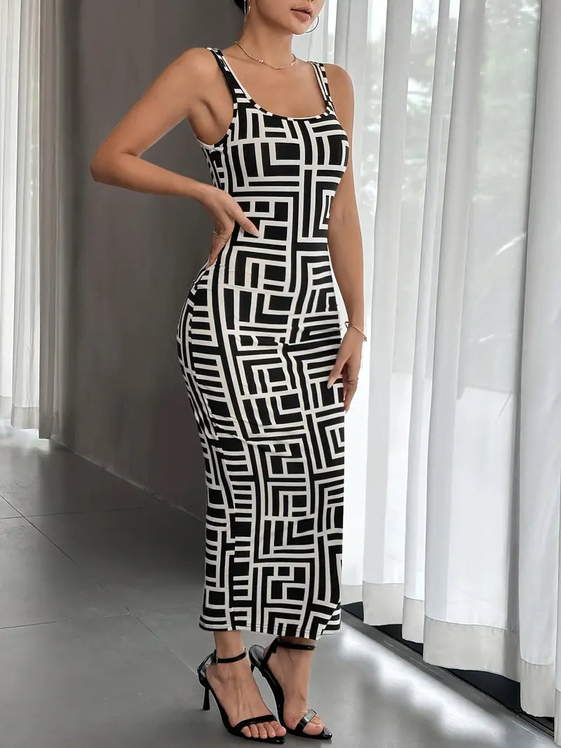 Élégante robe midi bodycon pour femmes, avec encolure carrée, sans manches et motif géométrique stylisé