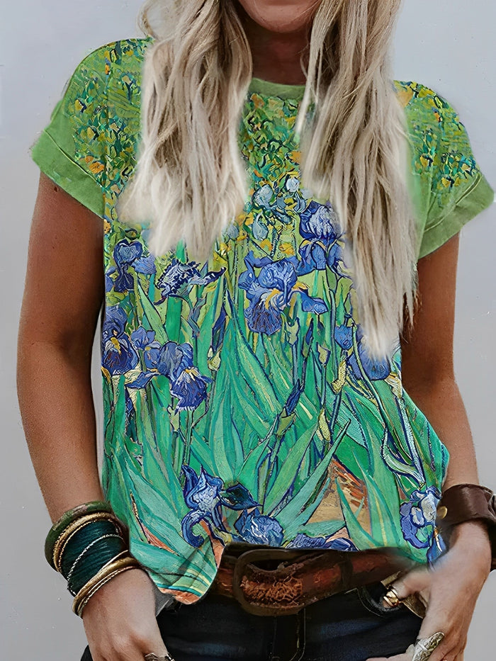 T-shirt pour dames avec imprimé artistique Van Gogh Irises - Green Casual Short Sleeve Top for Every Day