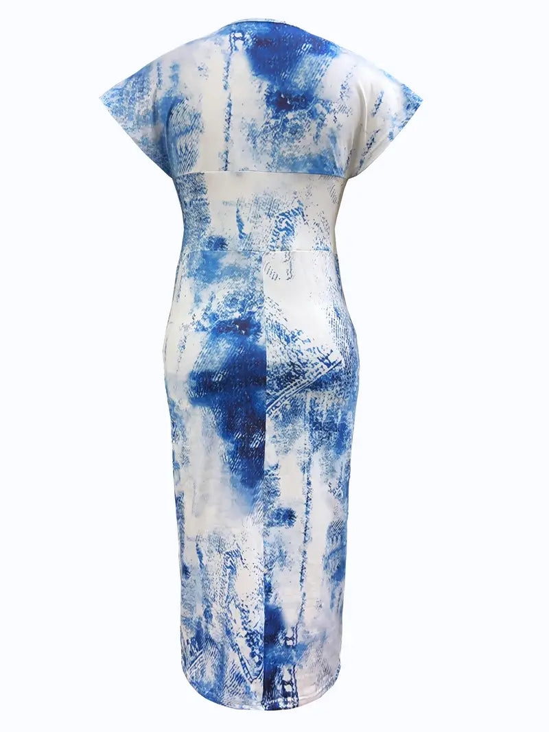 Robe moulante pour femmes en denim patchwork, longueur mi-cul, col en V à manches courtes