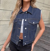Élégant cardigan sans manches en denim pour femmes avec poches pratiques - Hedwig
