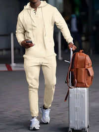 Ensemble de survêtement pour hommes - Hoodie à col boutonné - Mancherons côtelés - Pantalons de jogging avec cordon de serrage