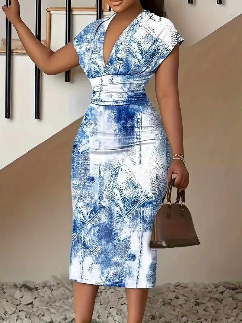 Robe moulante pour femmes en denim patchwork, longueur mi-cul, col en V à manches courtes