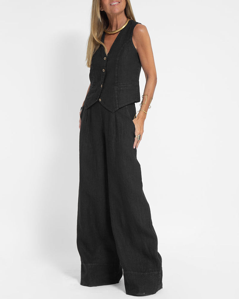 Tenue d'été élégante pour femme : pantalon large en lin 2 pièces et cardigan pour un look élégant et confortable