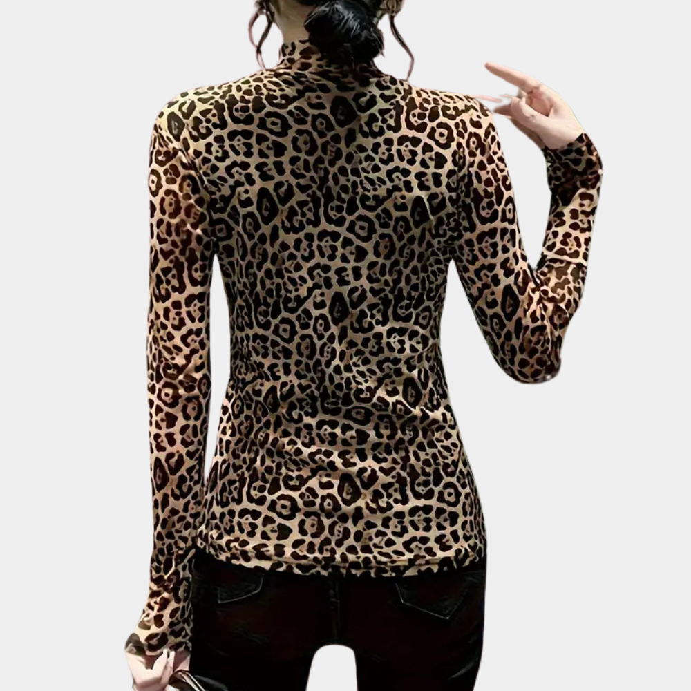 Chemisier à imprimé animalier tendance pour femmes - Elegant Brown Long-Sleeve Top