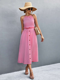 Robe midi sans manches à col halter pour femmes - Devant boutonné fluide à coupe A-line élégante