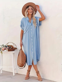 Robe midi à boutons pour femmes - Coupe décontractée - Manches courtes - Col classique - Poches latérales élégantes