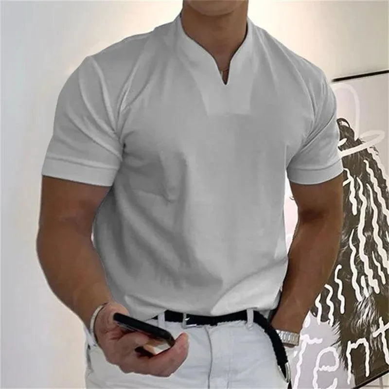 Men's Sporty Notched V-Neck T-Shirt - Short Sleeve Slim Fit Casual Top