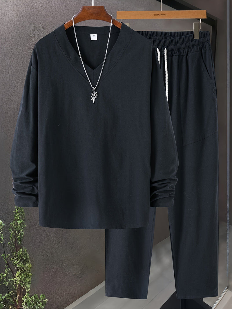Vêtements de détente pour hommes - Ensemble T-shirt à manches longues en V et pantalon ample avec poches