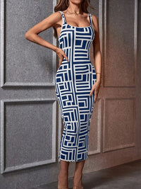 Élégante robe midi bodycon pour femmes, avec encolure carrée, sans manches et motif géométrique stylisé