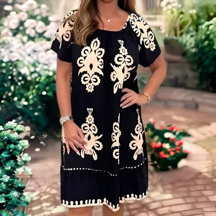 Robe féminine Élégante avec Motifs - Coupe ample, Manches courtes, Longueur genou