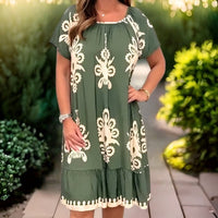 Robe féminine Élégante avec Motifs - Coupe ample, Manches courtes, Longueur genou
