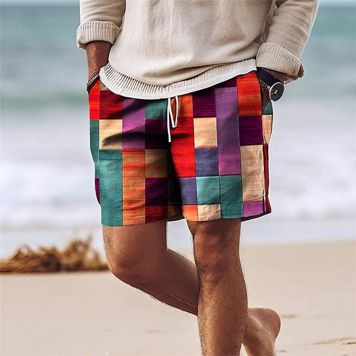 Bermudas masculins de parches - Longitud de rodilla - Cintura elástica con cordón - Ligero y transpirable