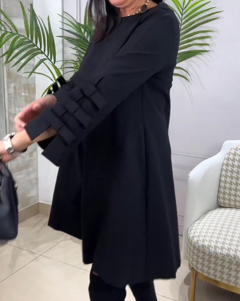 Robe Femme Élégante à Coupe A, Manches Longues avec Détail Nœud, Longueur Genoux et Col Rond