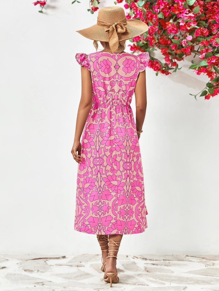 Robe féminine chic à imprimé floral avec col en V, manches capuchon volantes et ourlet asymétrique élégant en ligne A