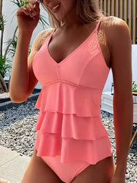 Maillot de bain tankini pour femmes - Virtuel en V - Bretelles ajustables - Haut à couches à volants