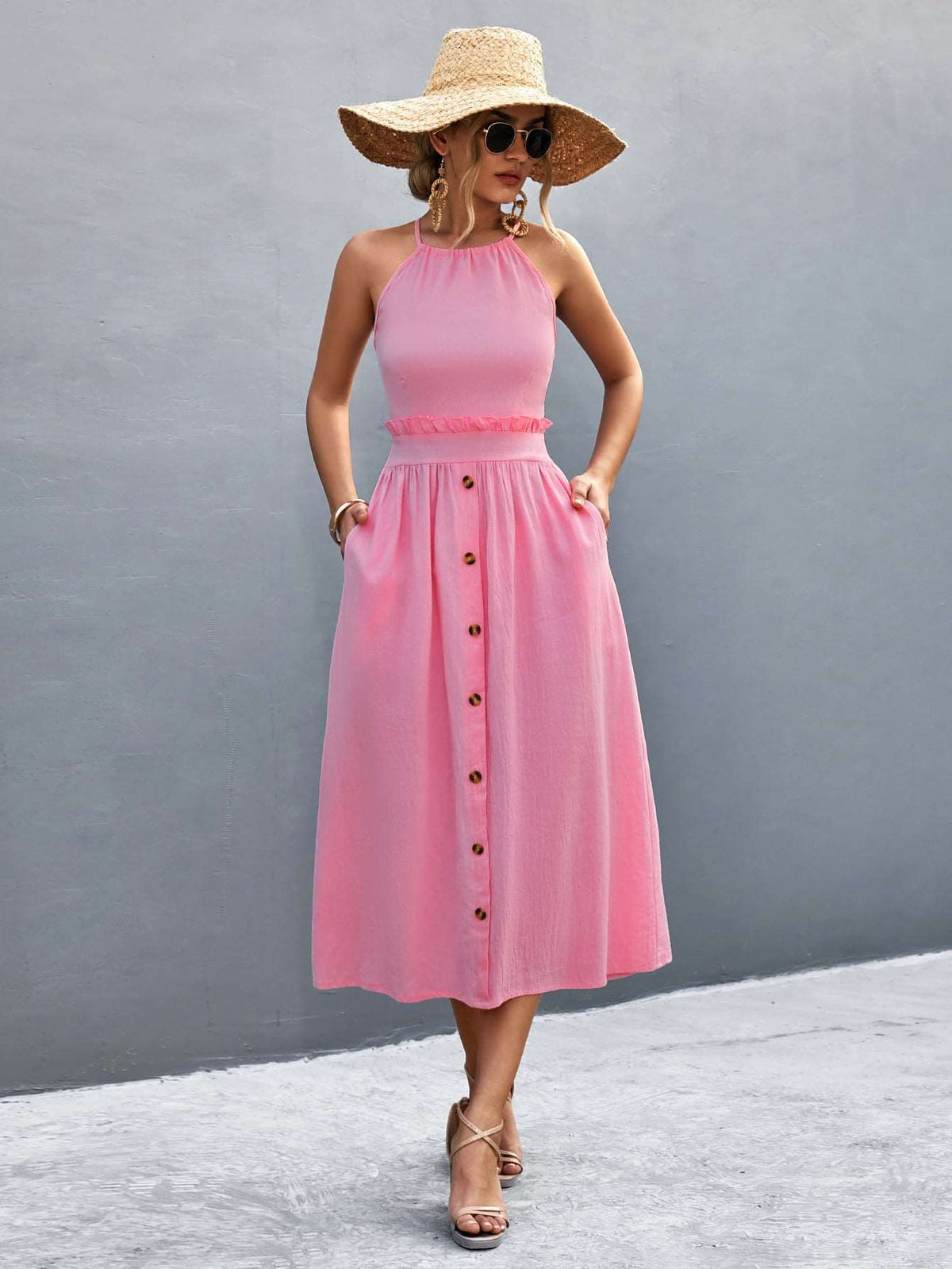 Robe midi sans manches à col halter pour femmes - Devant boutonné fluide à coupe A-line élégante