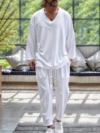 Vêtements de détente pour hommes - Ensemble T-shirt à manches longues en V et pantalon ample avec poches