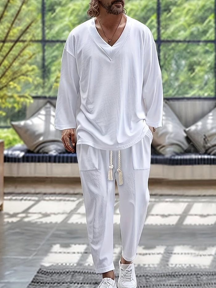 Vêtements de détente pour hommes - Ensemble T-shirt à manches longues en V et pantalon ample avec poches