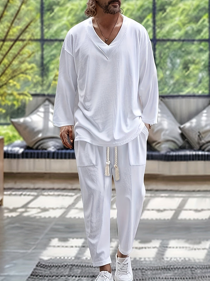Vêtements de détente pour hommes - Ensemble T-shirt à manches longues en V et pantalon ample avec poches