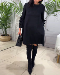 Robe Femme Élégante à Coupe A, Manches Longues avec Détail Nœud, Longueur Genoux et Col Rond
