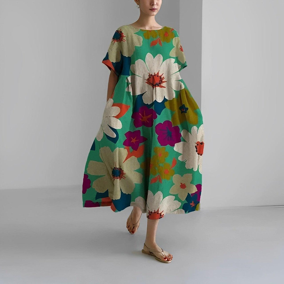 Robe décontractée fluide à fleurs bohème pour femmes