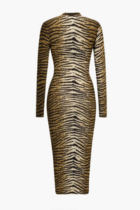 Vestido Bodycon Midi para Mujeres - Manga Larga, Cuello Alto y Estampado Animal para un Estilo Elegante