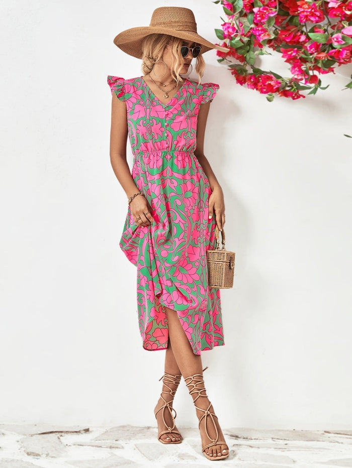 Robe féminine chic à imprimé floral avec col en V, manches capuchon volantes et ourlet asymétrique élégant en ligne A