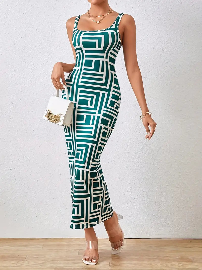 Élégante robe midi bodycon pour femmes, avec encolure carrée, sans manches et motif géométrique stylisé