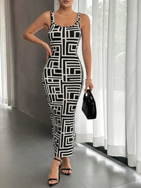 Élégante robe midi bodycon pour femmes, avec encolure carrée, sans manches et motif géométrique stylisé