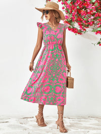 Robe féminine chic à imprimé floral avec col en V, manches capuchon volantes et ourlet asymétrique élégant en ligne A