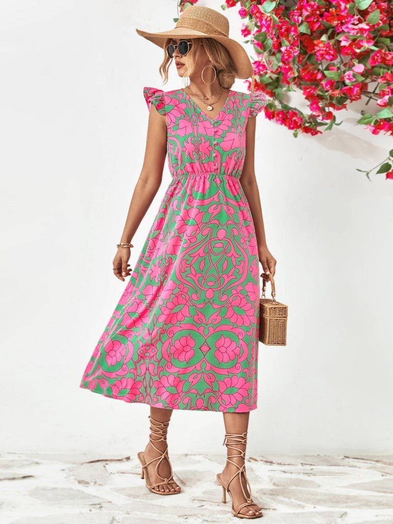 Robe féminine chic à imprimé floral avec col en V, manches capuchon volantes et ourlet asymétrique élégant en ligne A