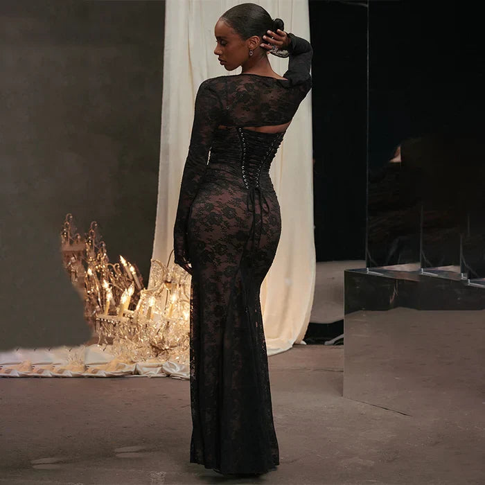 Robe longue élégante avec cordon sophistiqué et détails en dentelle - Ariella