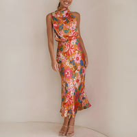 Robe Longue Femme à Halter et Mixte Asymétrique - Élégant Imprimé Fleuri