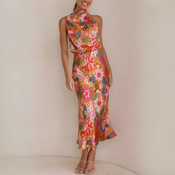 Robe Longue Femme à Halter et Mixte Asymétrique - Élégant Imprimé Fleuri