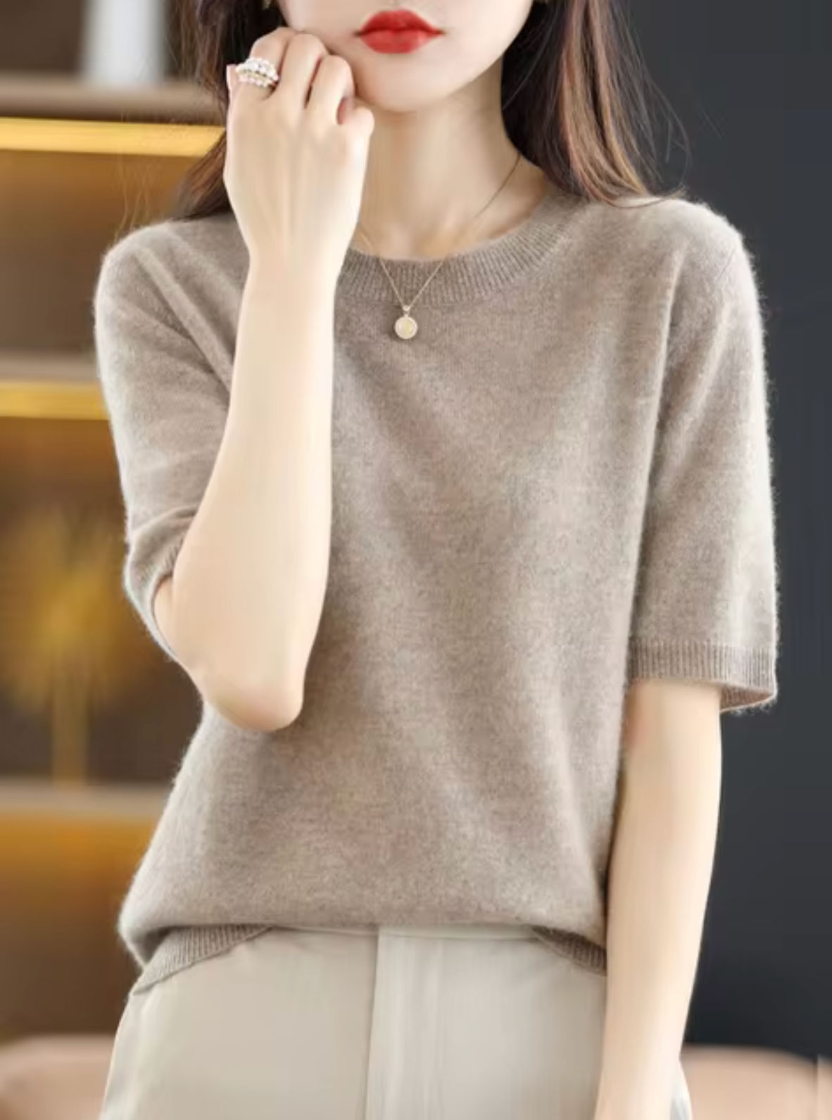 Pull élégant à manches courtes en laine et cachemire pour femmes