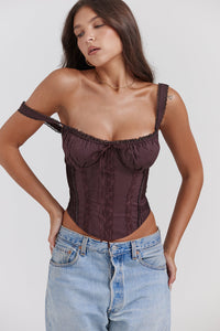 Élégant top corset en dentelle marron - style féminin ajusté pour un look sophistiqué