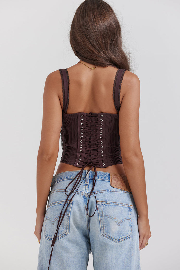 Élégant top corset en dentelle marron - style féminin ajusté pour un look sophistiqué