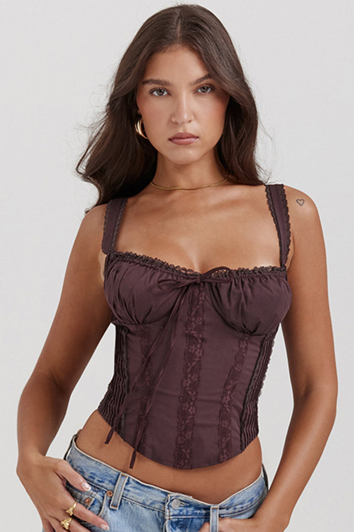 Élégant top corset en dentelle marron - style féminin ajusté pour un look sophistiqué