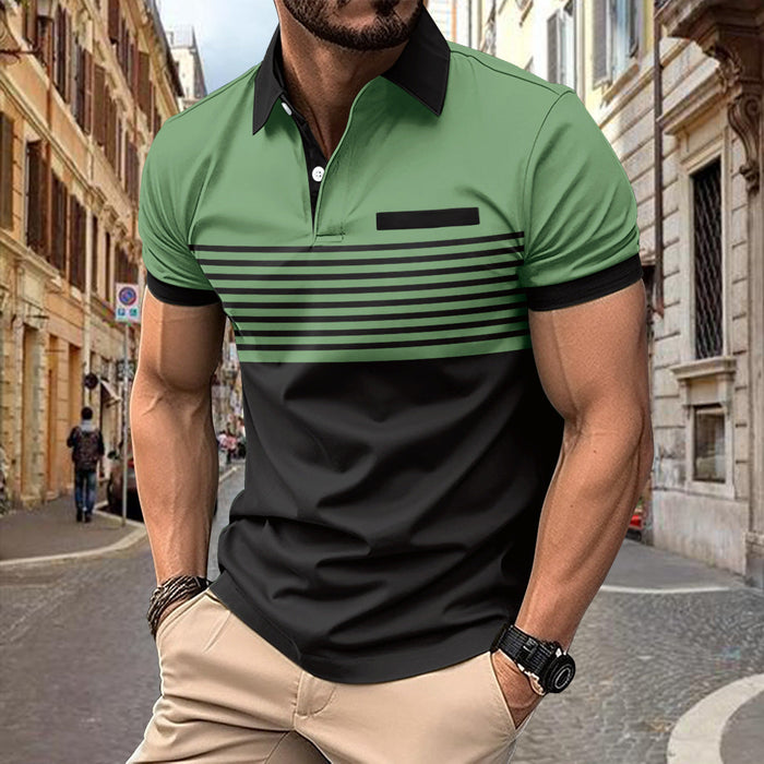 Polob - T-shirt coupe étroite pour homme với Màu Sọc Trước Ngực và Cổ Áo Núm Dây Tiện Dụng